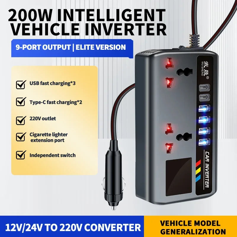 Car Inverter 12V/24V to 220V, PD, QC3.0, 4 USB Ports, Universal Outlet, Fast Charging Adapter
