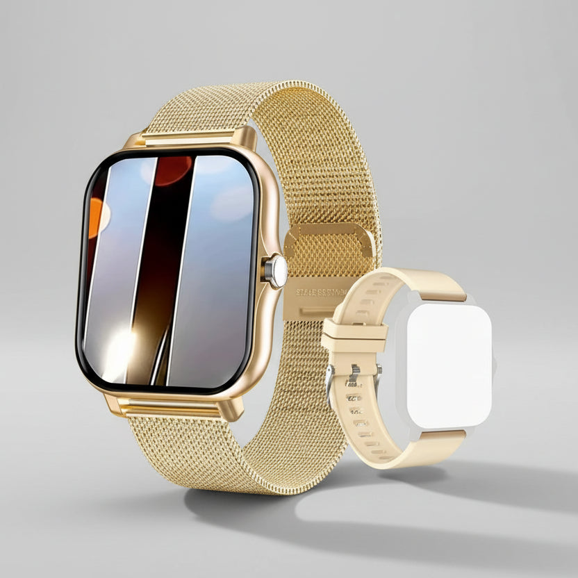 Gold smartwatch with mesh band on a sparkling background