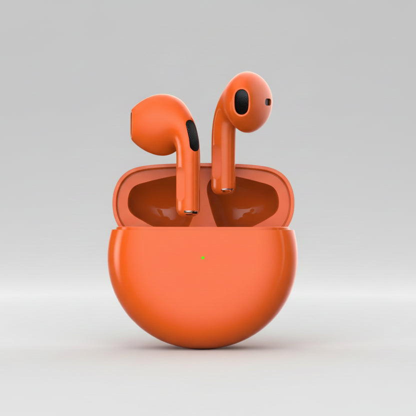 Orange wireless earbuds with charging case on a white background