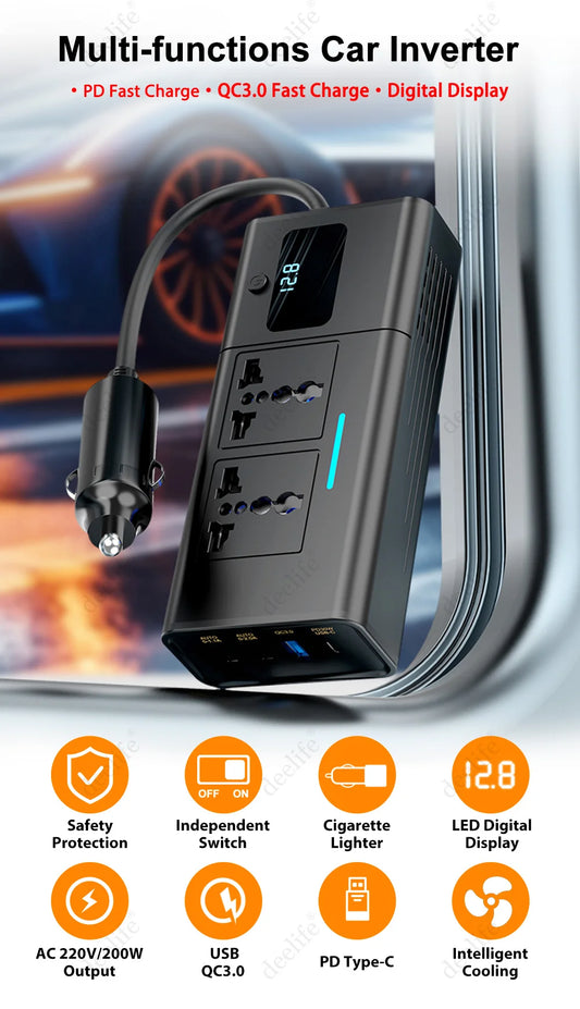 Car 220v Inverter 12 to 220 Voltage Power Converter 200W for 12V Vehicles