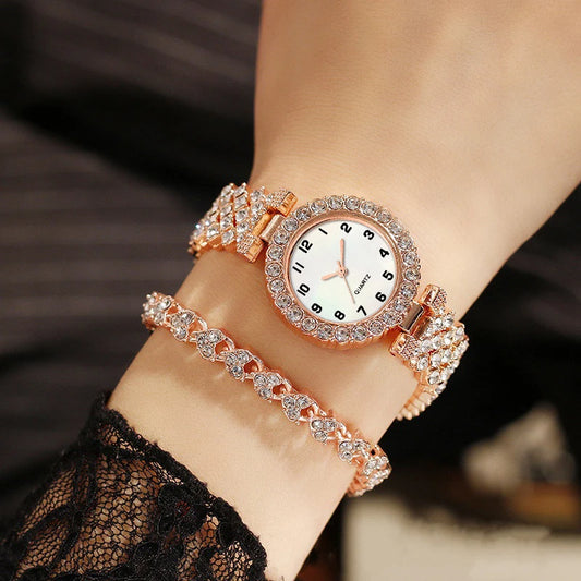 2PCS Luxury Rhinestone Ladies Watch Set with Bracelet