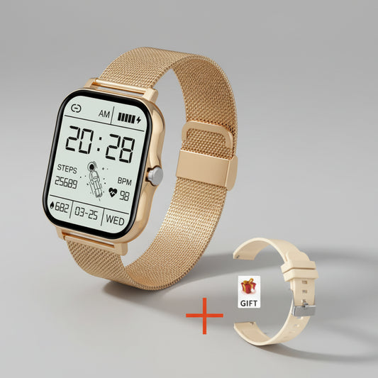 Gold smartwatch with digital display on a white background