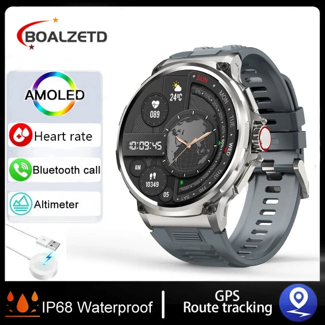 Smartwatch with various features displayed on a white background
