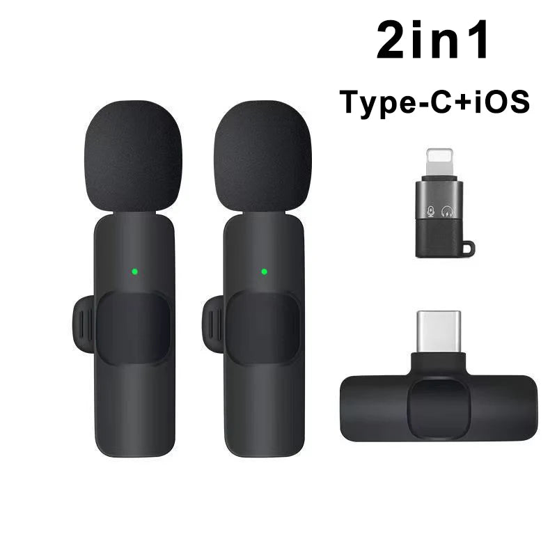 2-in-1 microphone and adapter set with Type-C and iOS connectivity on a white background.