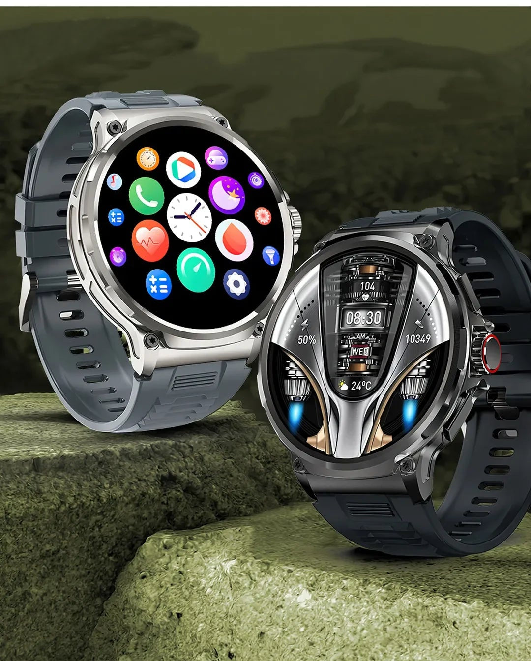 Two smartwatches on grass and one on water with a dark background