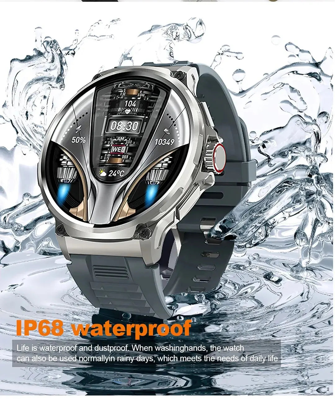 Smartwatch with water splashes on a white background, emphasizing waterproof feature.