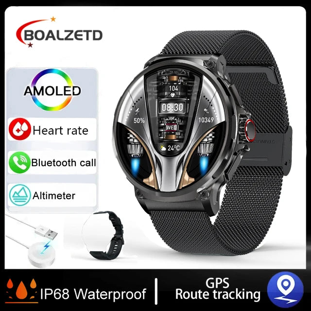 Smartwatch with black mesh band and various features displayed on screen, Boalzeted brand visible.