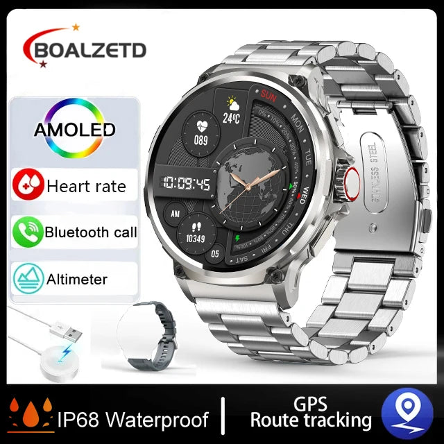 Silver smartwatch with digital display and various features on a white background, featuring the Boalzeted brand.