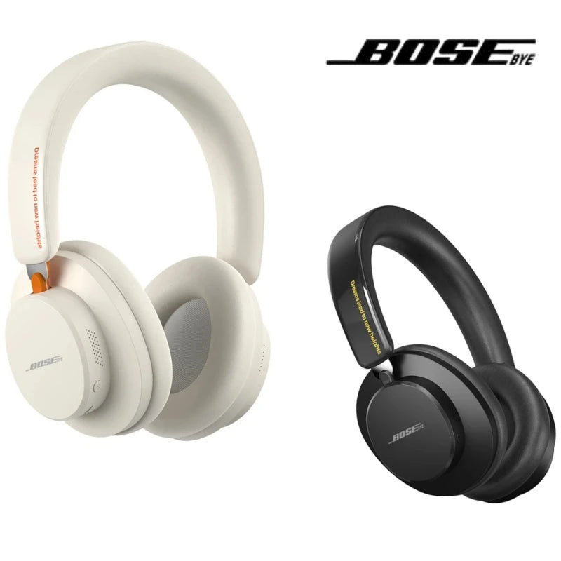 Two pairs of Bose headphones, one white and one black, on a white background with Bose logo.