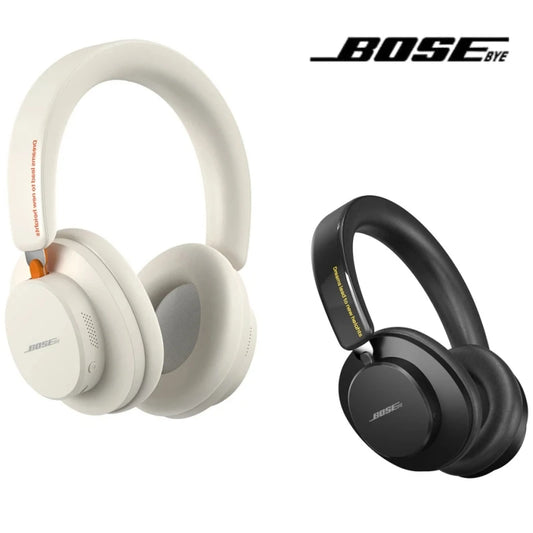 Two pairs of Bose headphones, one white and one black, on a white background with Bose logo.