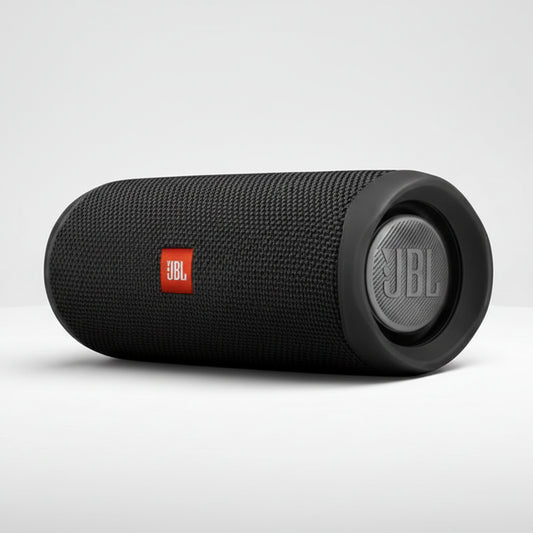 Black JBL speaker on a white background