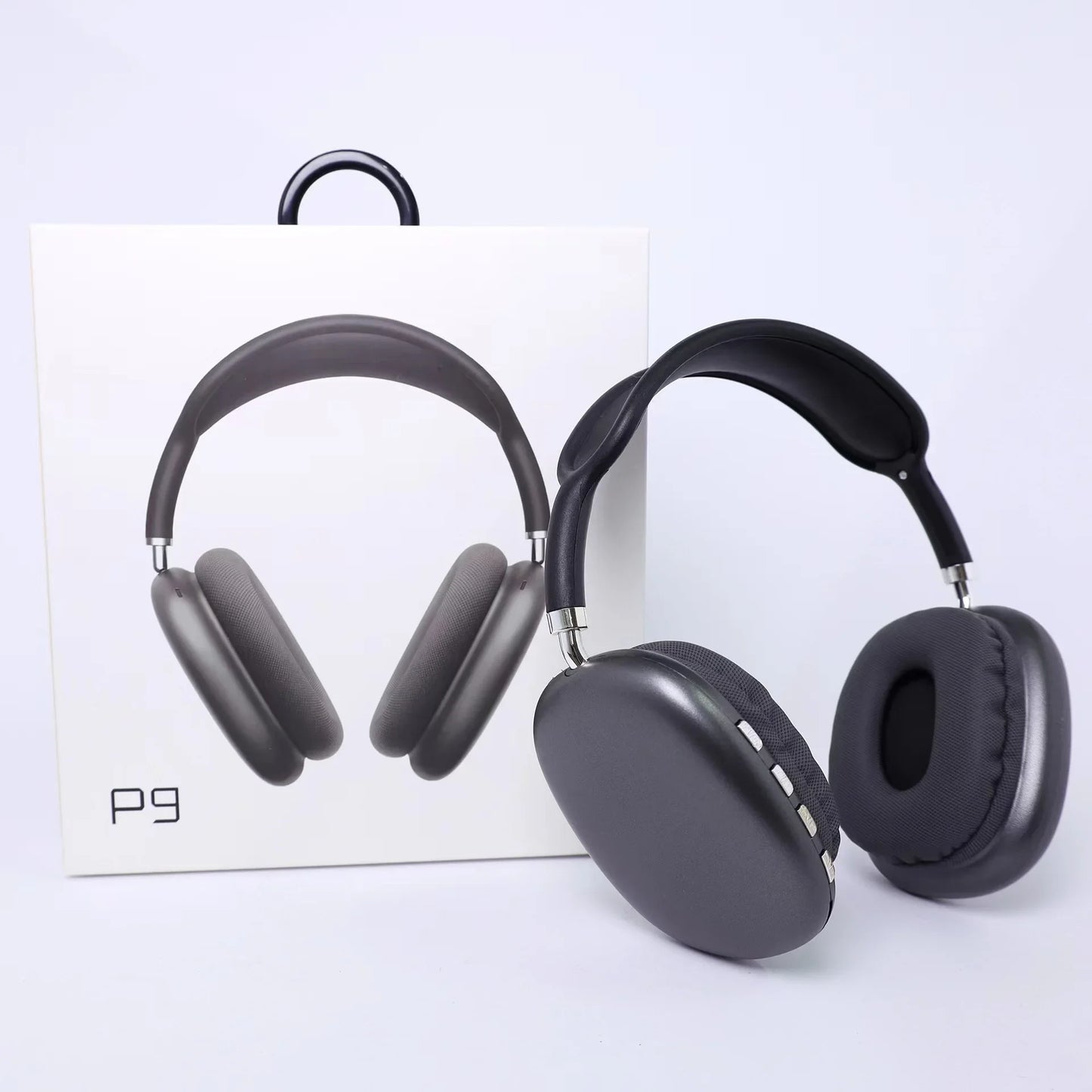 Black headphones with 'P9' branding on a white background