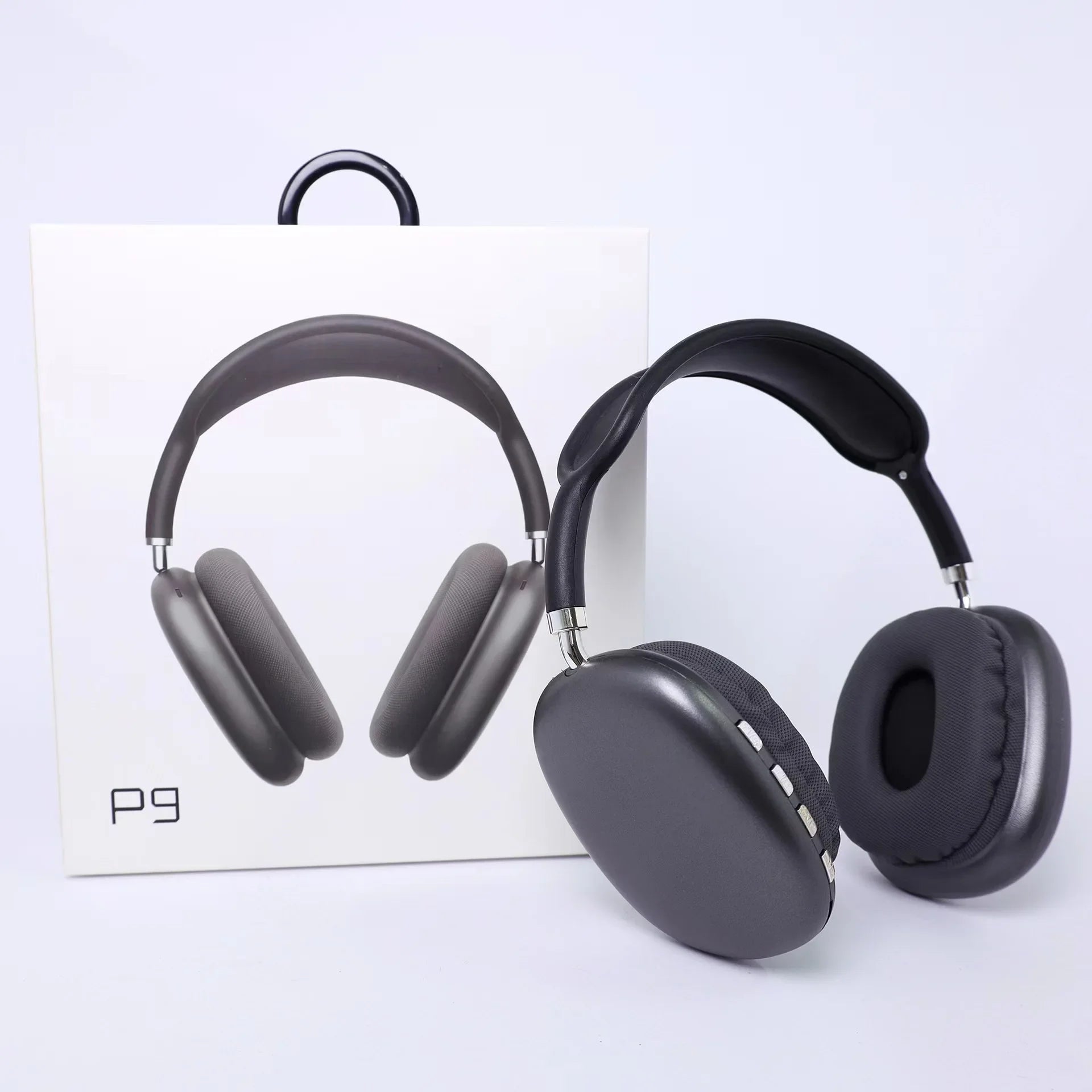 Black headphones with 'P9' branding on a white background