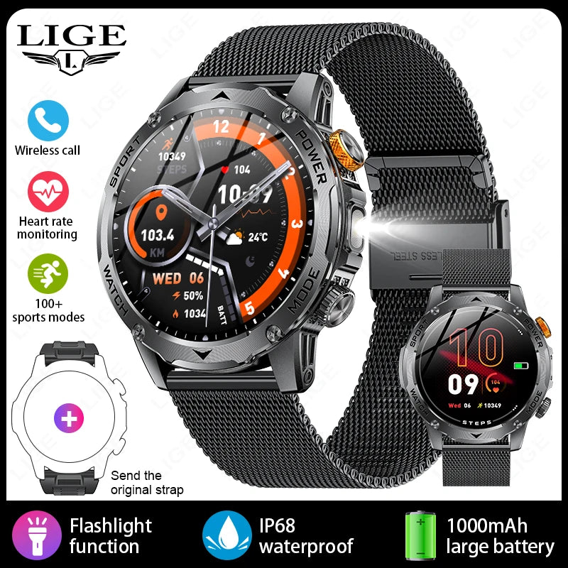 Smartwatch with black mesh band and feature icons on a white background