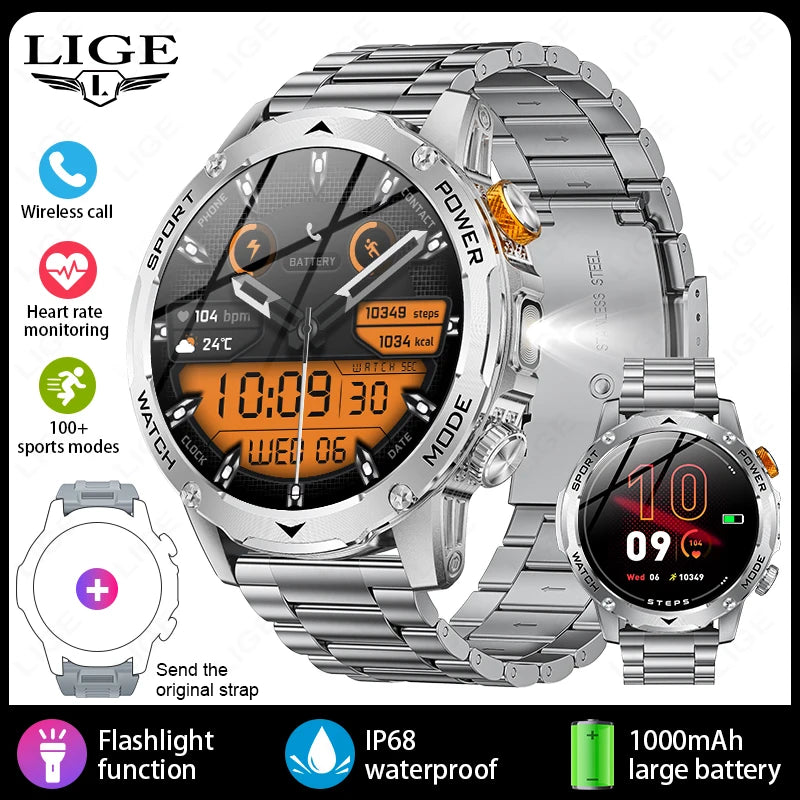 Silver smartwatch with digital display and metal band, featuring various functions on a white background.