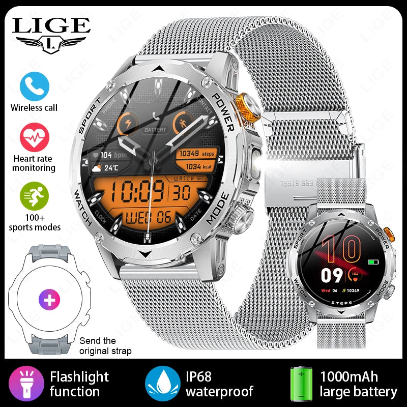 Silver smartwatch with features listed on a white background