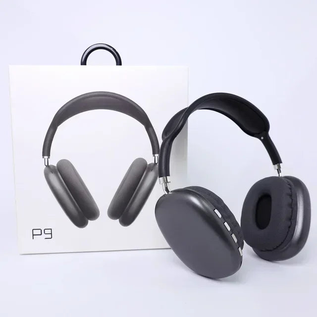 Black over-ear headphones with a box labeled 'P9' on a light gray background