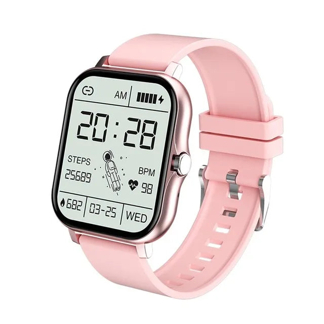 Pink digital smartwatch with a white background