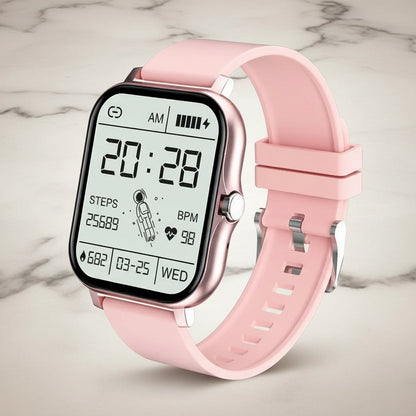 Pink digital smartwatch with a white background