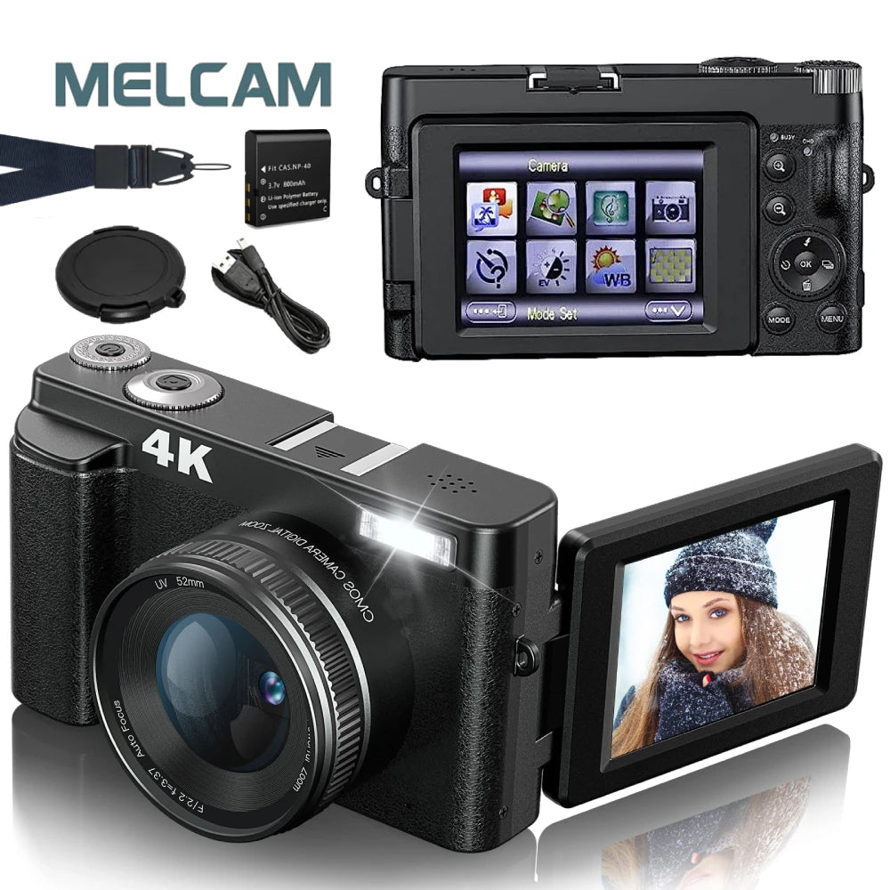 Digital camera with screen, lens, and accessories on a white background, featuring the brand 'MELCAM'.