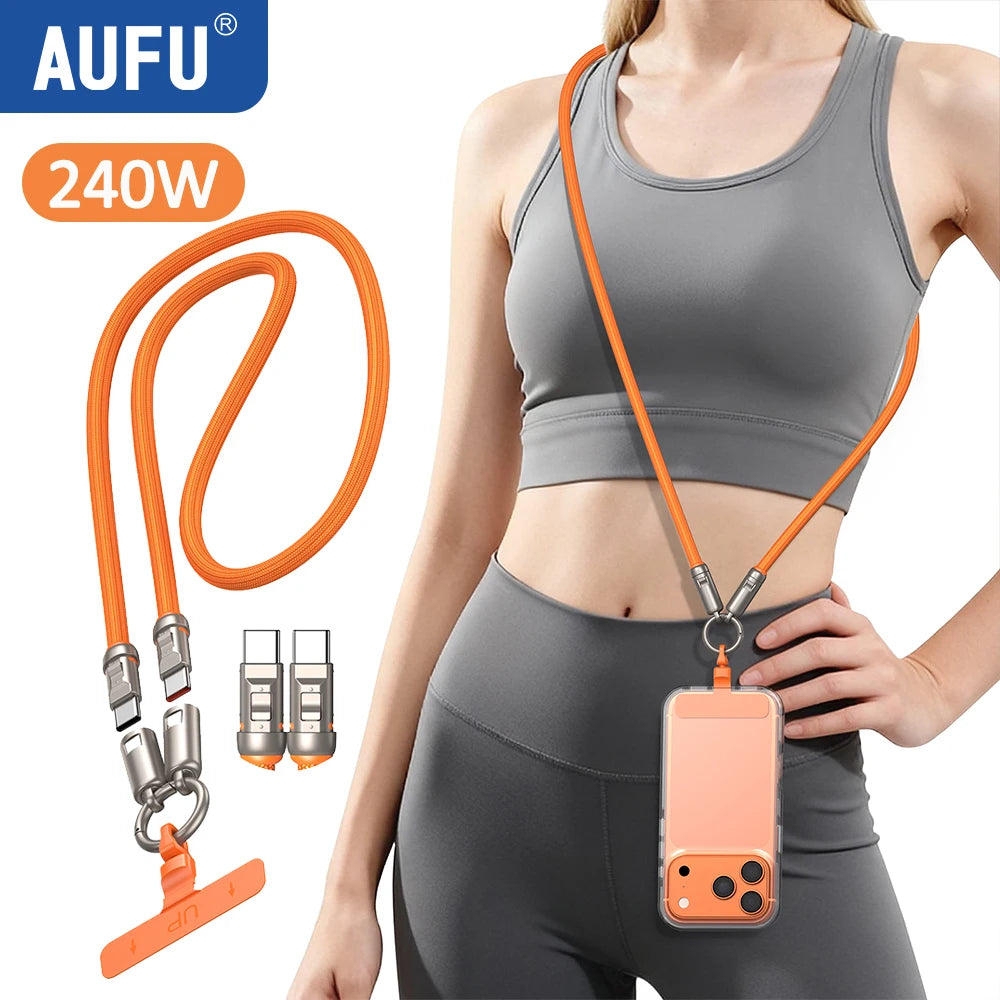 Person wearing a gray sports bra and leggings with an orange lanyard and phone case, featuring the AUFU brand.