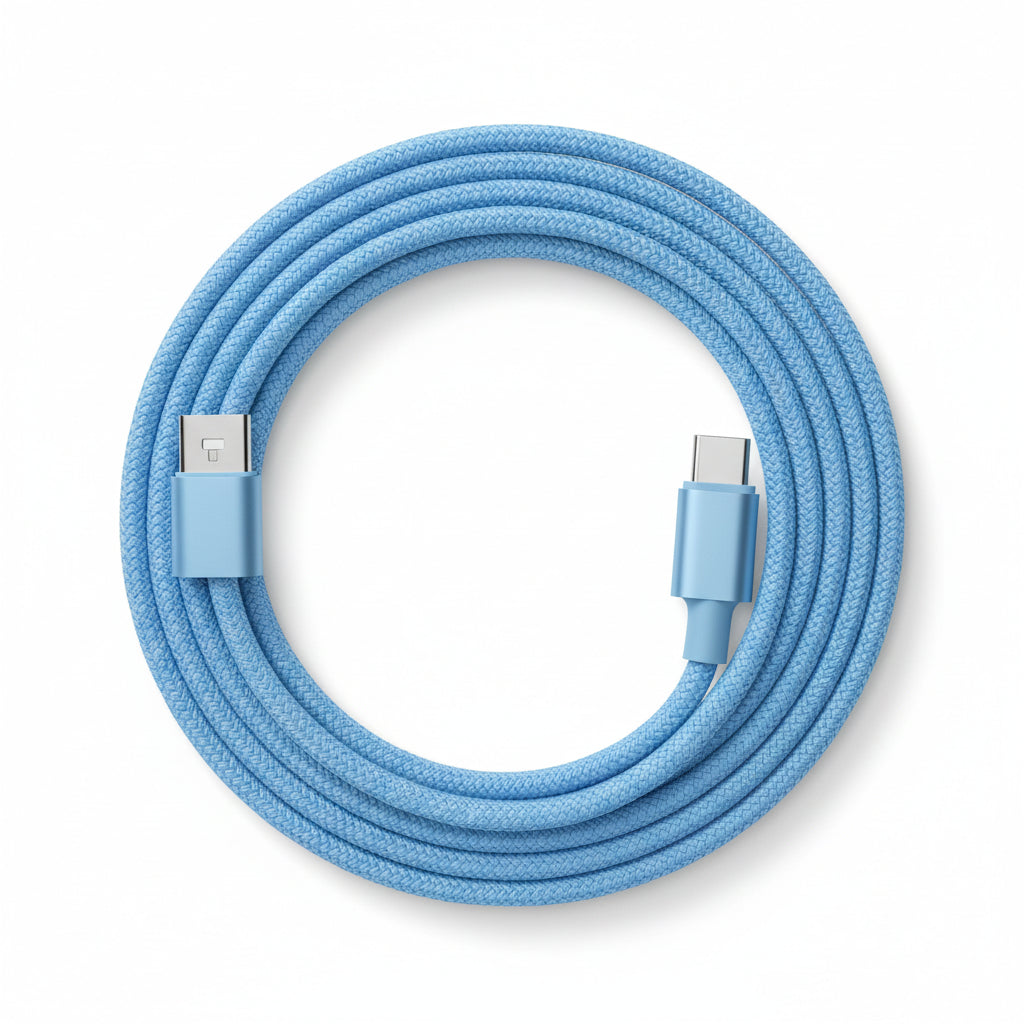 C to C fast charging cable with blue braided design on a white background