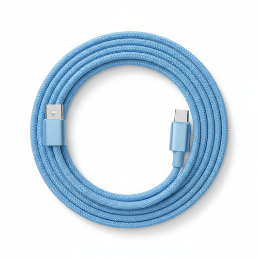C to C fast charging cable with blue braided design on a white background