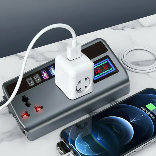 High-voltage socket with power adapter and smartphone on a charging station