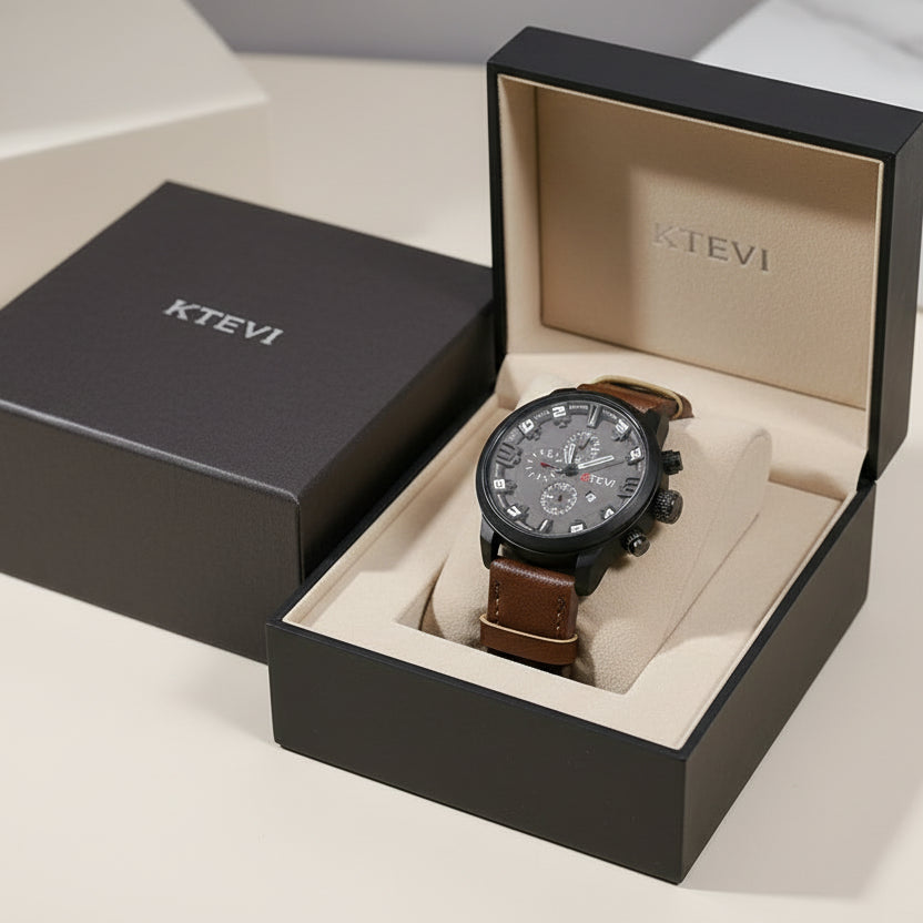 Hand holding a brown leather watch with a detailed face, brand 'KTEVI' visible.
