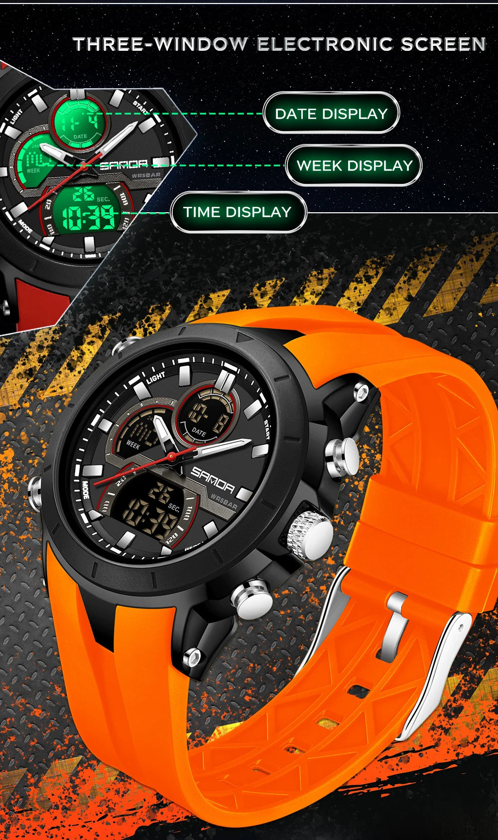 SANDA 6279 Men’s Sports Watch Dual Display, Luminous, Waterproof & Shock Resistant