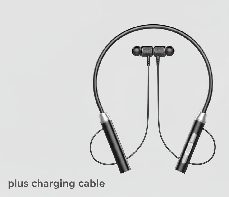 Hanging neck headphones with charging line and after-sales service information on a white background