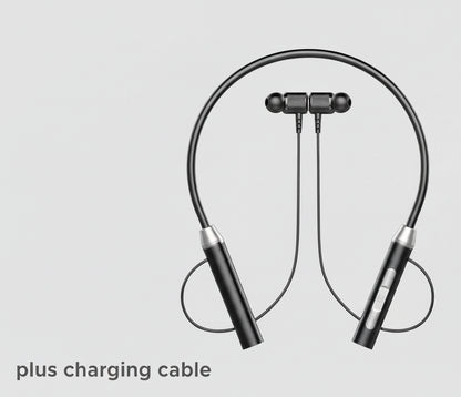 Hanging neck headphones with charging line and after-sales service information on a white background