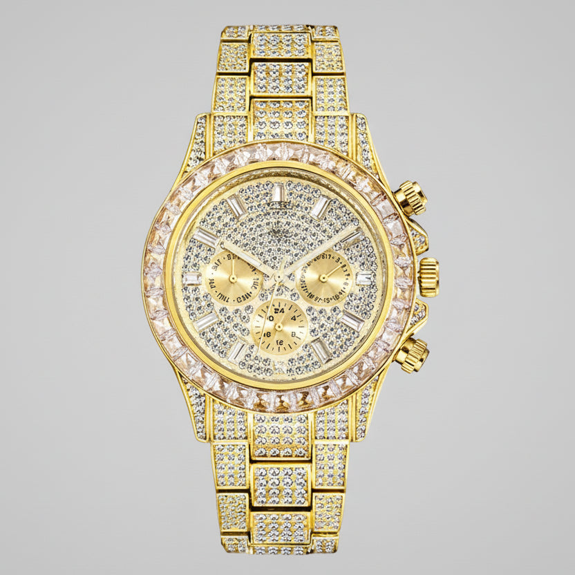 Gold watch with diamond-studded bezel and band on a white background
