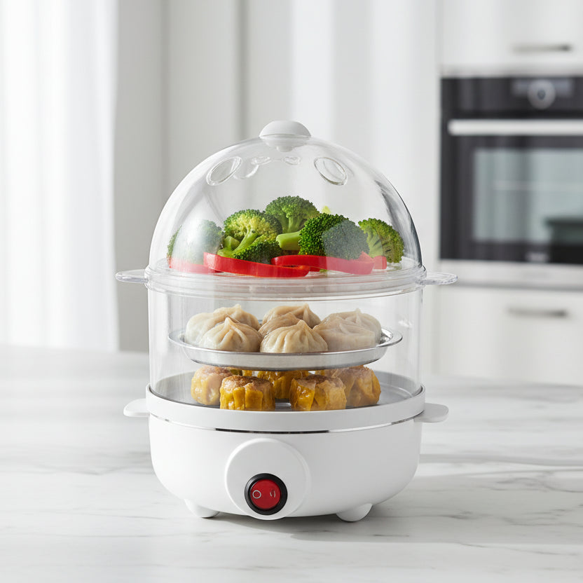 Multi-layered steamer with food on a white background
