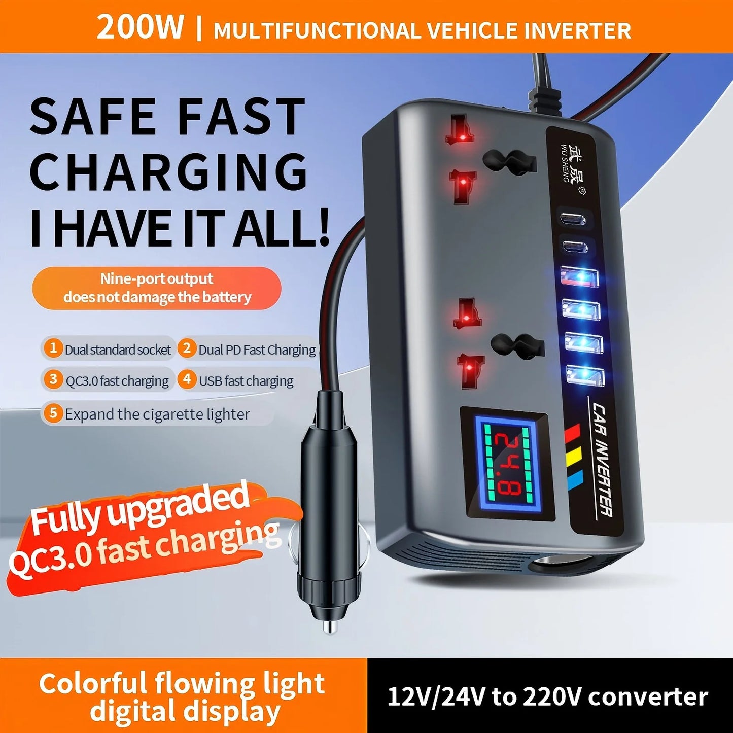 Car Inverter 12V/24V to 220V, PD, QC3.0, 4 USB Ports, Universal Outlet, Fast Charging Adapter
