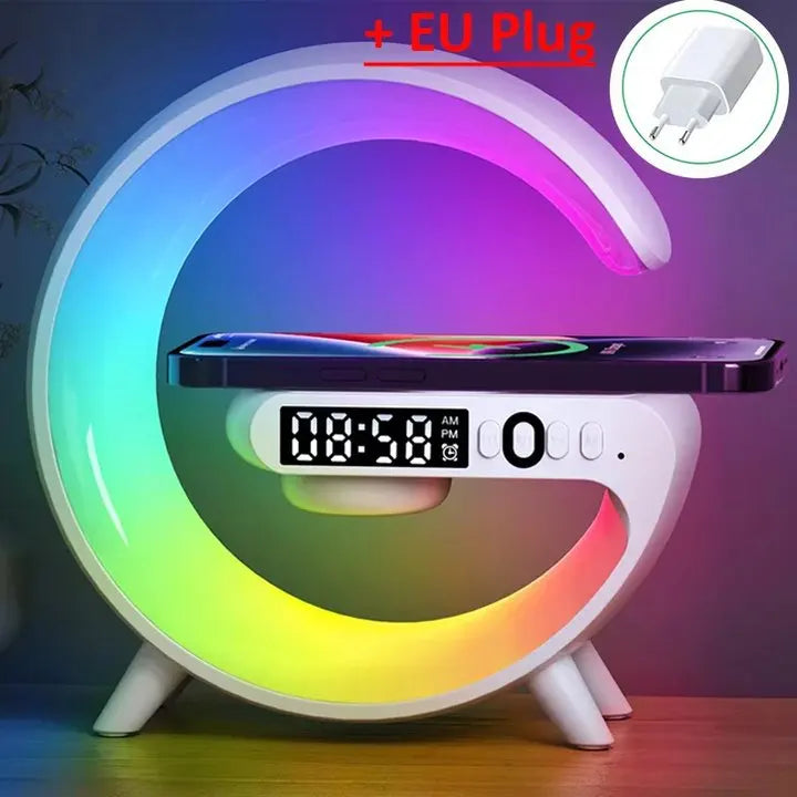 Vikefon Mini Wireless Charging Stand  RGB Light, Alarm Clock, Bluetooth Speaker & 15W Fast Charging
