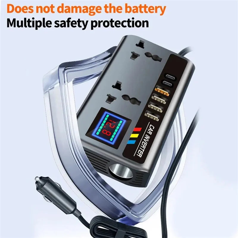 Car Inverter 12V/24V to 220V, PD, QC3.0, 4 USB Ports, Universal Outlet, Fast Charging Adapter