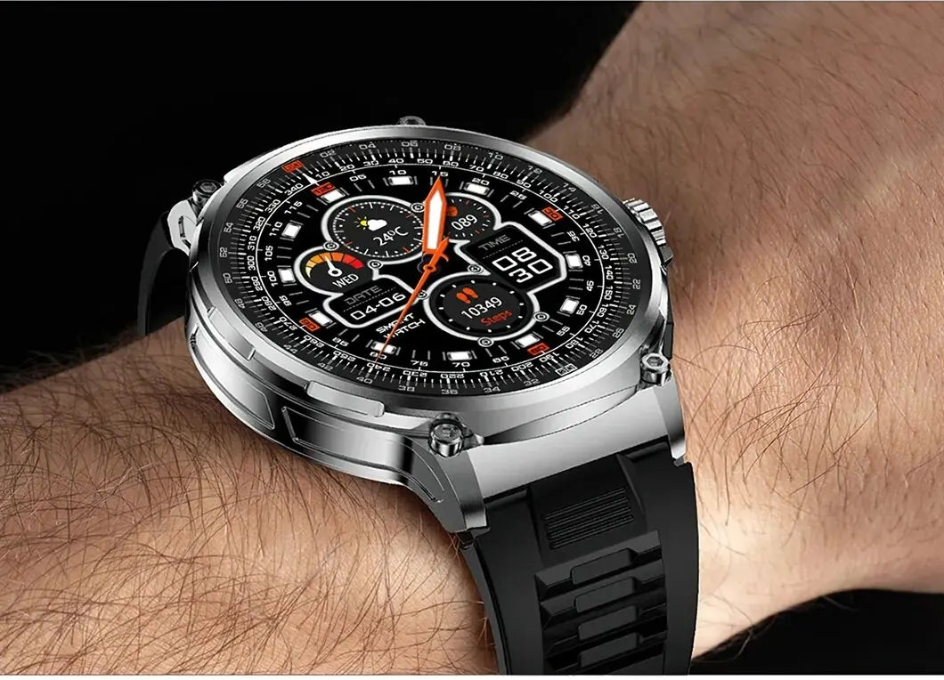 Close-up of a person wearing a watch with a detailed face on a motorcycle.