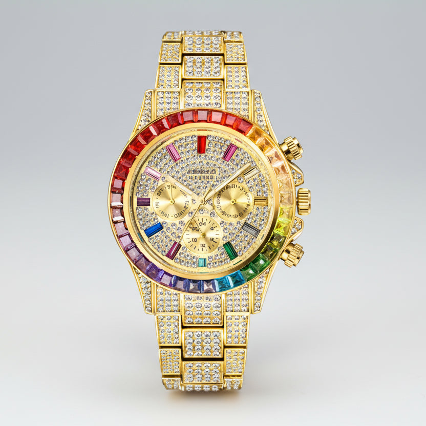 Gold watch with colorful gemstones on a white background