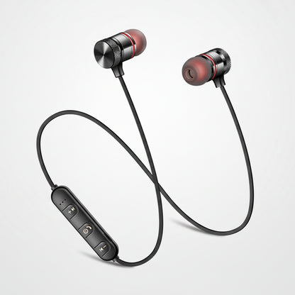 Black wireless earbuds with control unit on a white background