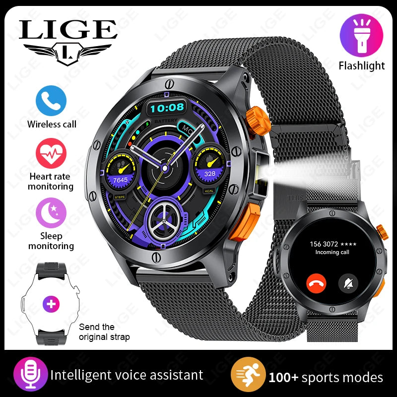 LIGE Fashion Smart Watch for Men Voice Assistant Bluetooth Call Heart Rate and Fitness Tracker IP68 Waterproof
