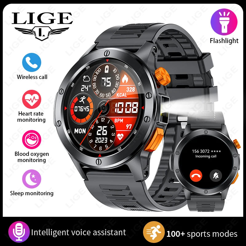 LIGE Fashion Smart Watch for Men Voice Assistant Bluetooth Call Heart Rate and Fitness Tracker IP68 Waterproof