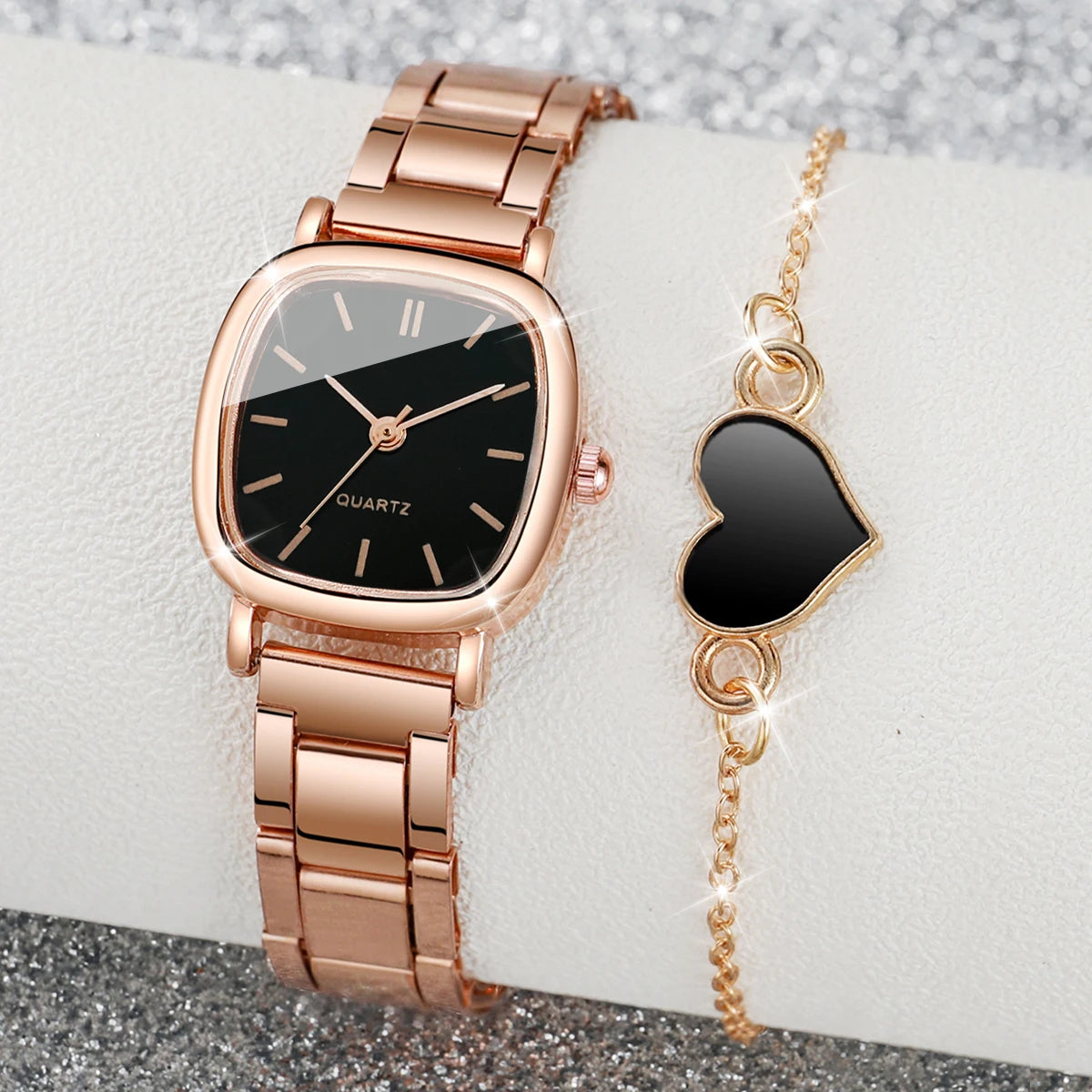 Square Women’s Watch & Heart Bracelet Set