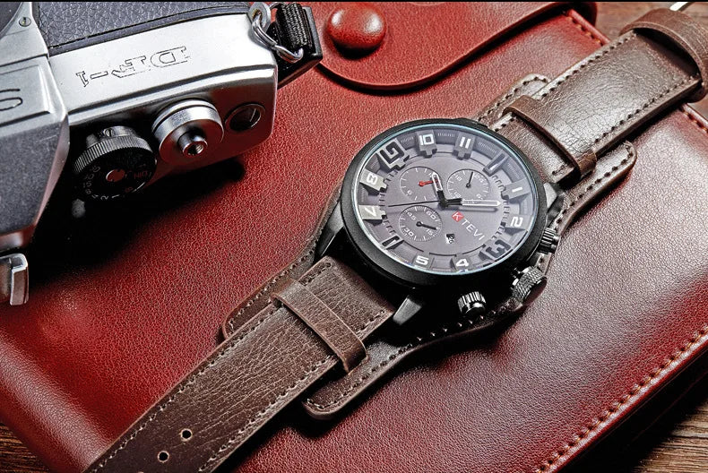 UTHAI BK94 Blue Glass Men’s Quartz Watch – Large Dial, Leather Strap, Trendy European Style