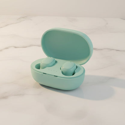 Mint green wireless earbuds in a matching case on a white background