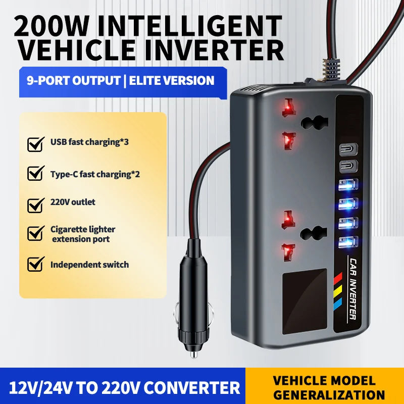 Car Inverter 12V/24V to 220V, PD, QC3.0, 4 USB Ports, Universal Outlet, Fast Charging Adapter