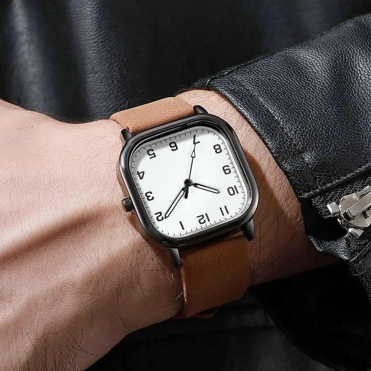 YOLAKO Fashion Square Men’s Quartz Watch  Leather Band, Arabic Dial, Casual Business Style