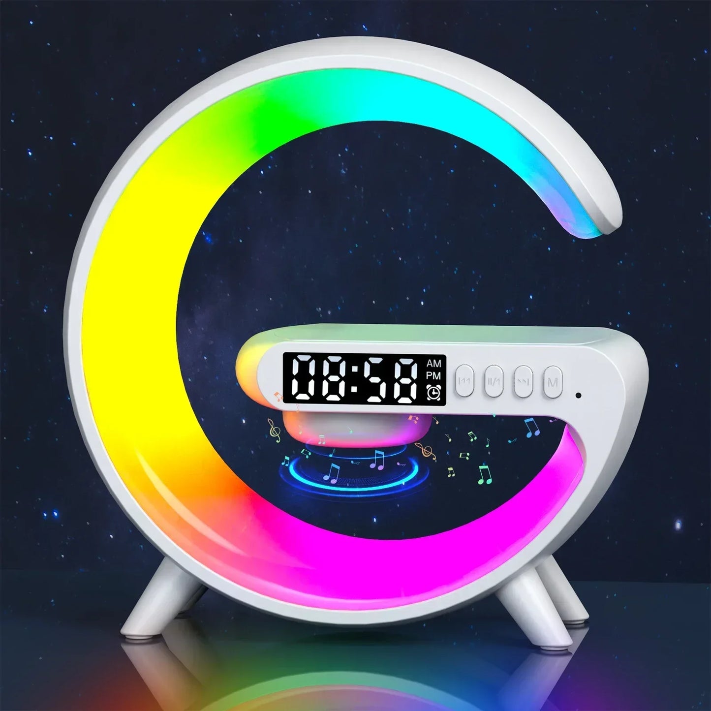 Vikefon Mini Wireless Charging Stand  RGB Light, Alarm Clock, Bluetooth Speaker & 15W Fast Charging