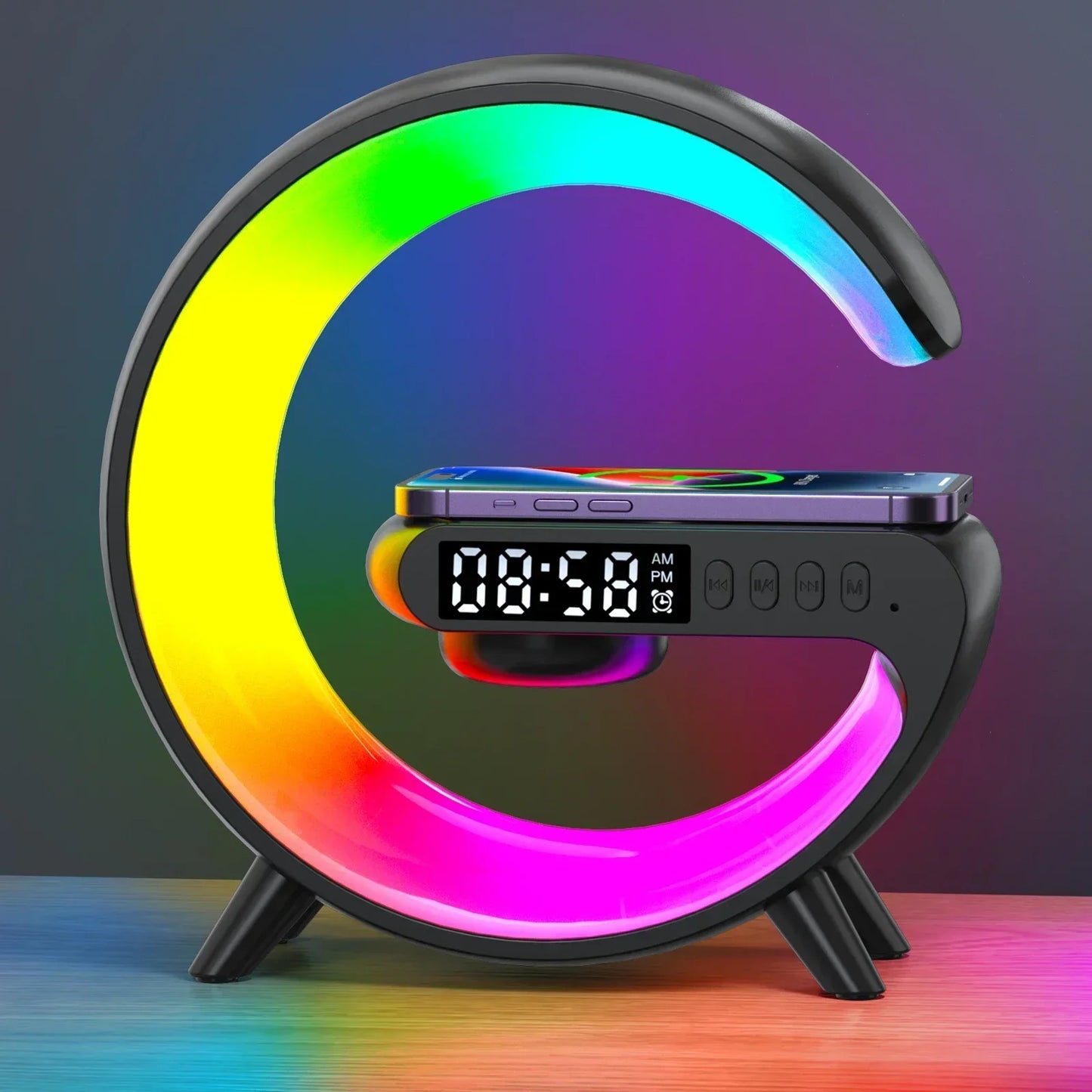 Vikefon Mini Wireless Charging Stand  RGB Light, Alarm Clock, Bluetooth Speaker & 15W Fast Charging