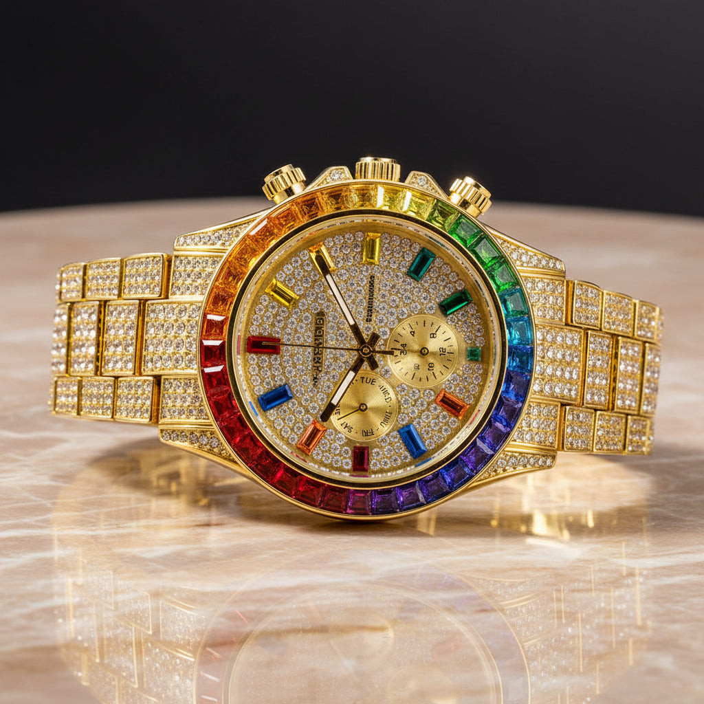 Luxury watch with colorful gemstones on a dark background